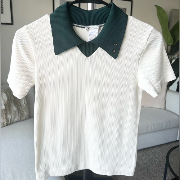 Zara RETRO SEAMLESS TOP Green Collared Stretchy Shirt- X/S- NWOT - Picture 6 of 12